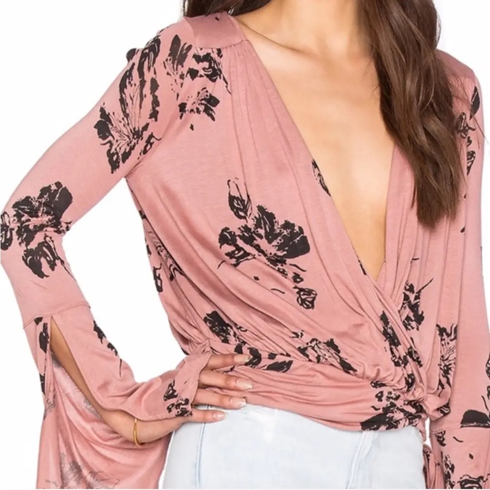 Free People Light Pink Black Floral Pattern Blouse Size M